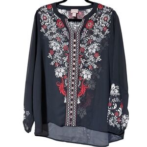 Chico’s size 1 medium floral v-neck sheer black hi low blouse rhinestone elastic